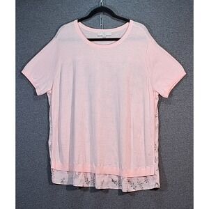 Loft Plus Pink Mixed Media Floral Back Short Sleeve Sweater Top 16/18 493637